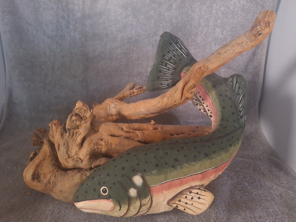 Vintage Folk Art Trout Driftwood Sculpture Lodge Decor 17in Hand Painted 4.2lb